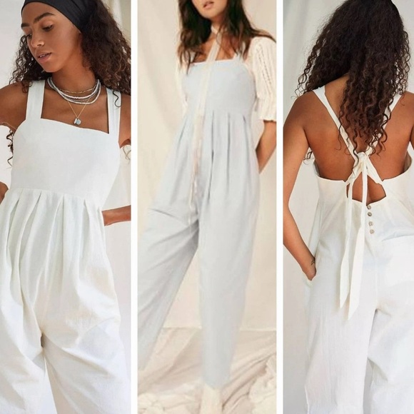 Free People Josephine Jumpsuit Size  XS Overalls Low Bow Back Tie Light Blue - Picture 1 of 11